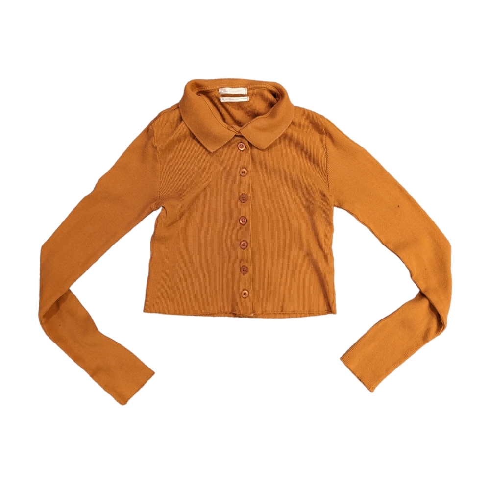 NEW Tan Beige Crop Top Long Sleeve Collared Button Down Blouse Size Small Shirt